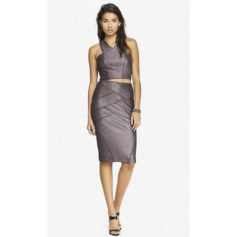 Express MetallicPurple HighWaist Midi PencilSkirt